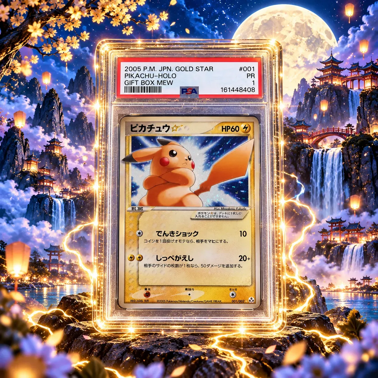 Pikachu Gold Star, Gift Box Mew, JPN (2005), PSA 1